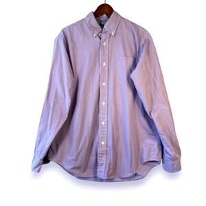 Mens Gingham Button Down Long‎ Sleeve Shirt Purple White Size L